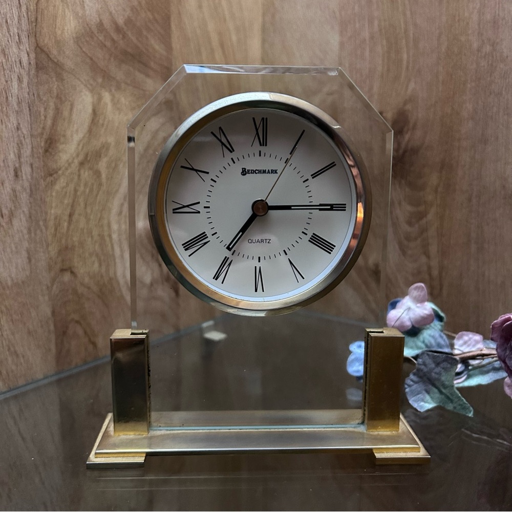 🕰️ Benchmark • Glass and Brass Quartz Desk Mantle Clock